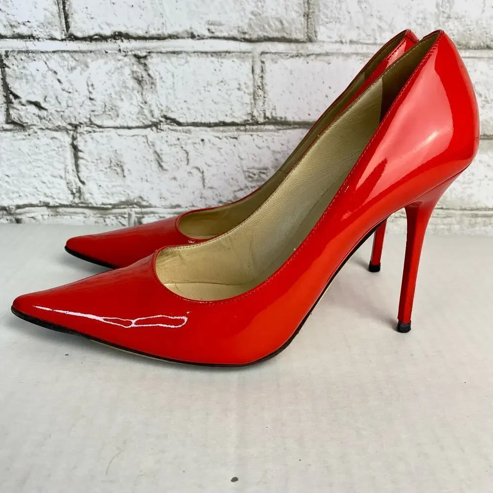 Jimmy Choo Heels Pumps Point Toe Stiletto Shoes Patent Leather Red 38 8 - Picture 15 of 15